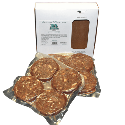 Mackerel and Vegetable Raw Dog Food Packaging with Patties