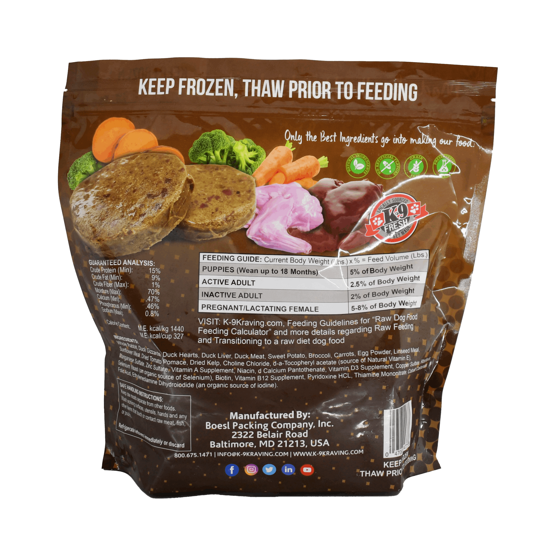 Raw dog food package featuring K-9 Kraving Rabbit Duck & Vegetable Formula, showcasing nutritional analysis and feeding guidelines.