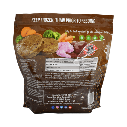 Raw dog food package featuring K-9 Kraving Rabbit Duck & Vegetable Formula, showcasing nutritional analysis and feeding guidelines.