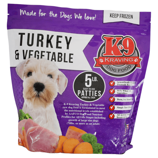 K-9 Kraving Turkey & Vegetable Raw Dog Food packaging with turkey and vegetables.