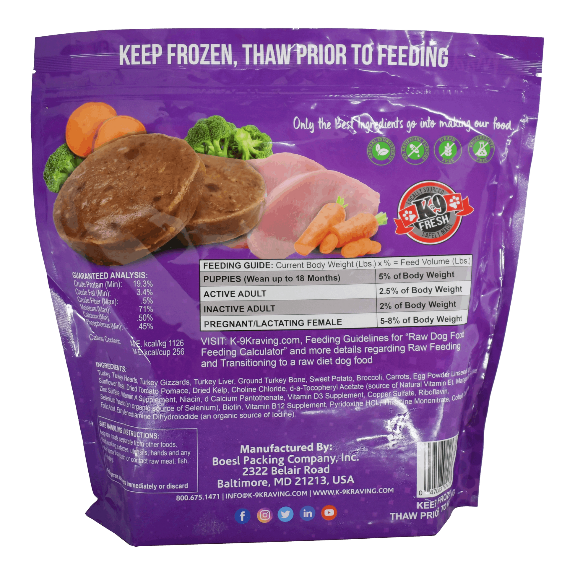 K-9 Kraving Turkey & Vegetable Formula Raw Dog Food packaging showing nutritional details and product features.