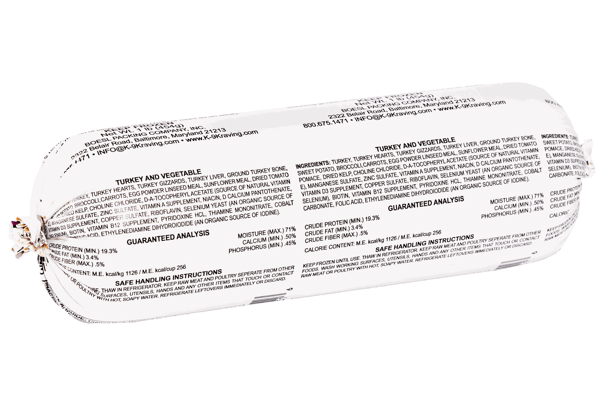 Packaging of K-9 Kraving Turkey & Vegetable Formula Raw Dog Food with detailed ingredients and nutritional information.
