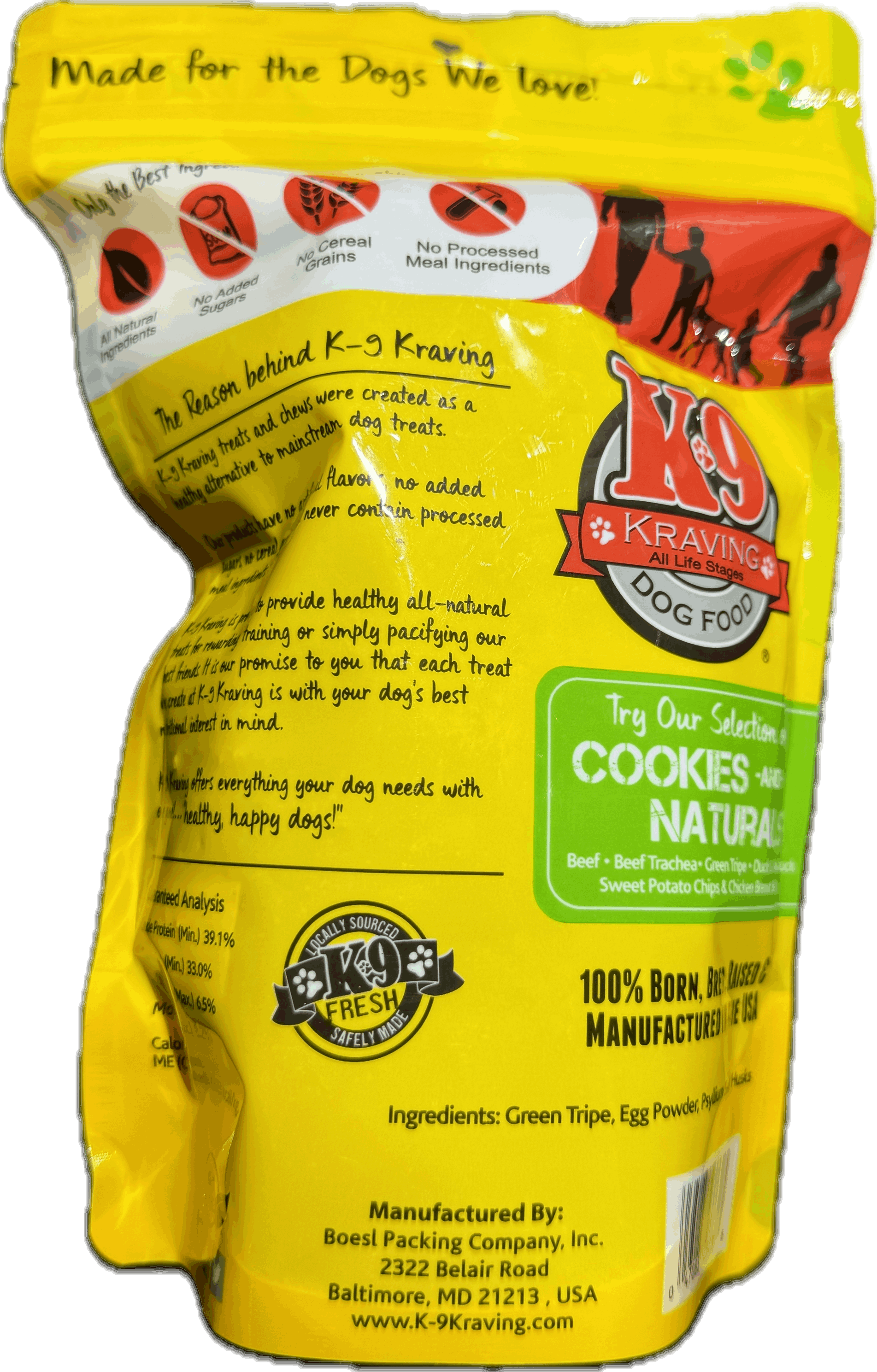 K-9 Kraving Green Tripe K-9 Cookies package, yellow bag, 100% natural dog treats.
