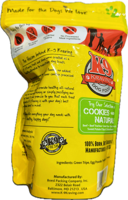 K-9 Kraving Green Tripe K-9 Cookies package, yellow bag, 100% natural dog treats.