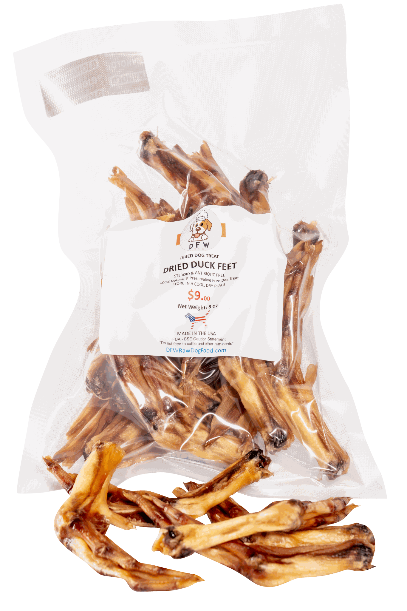 Natural dried duck feet dog chews in a clear packaging, ideal for dental health and small to medium breeds.