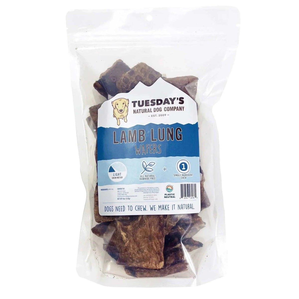 Lamb Lung Wafers in a clear resealable pouch, showing flat, irregular brown wafers and a blue-and-white label.