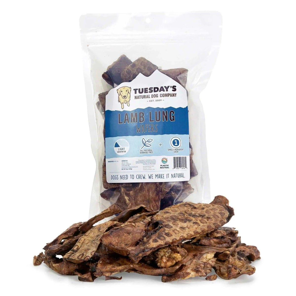Lamb Lung Wafers, tan-brown dried meat treats with a porous, ridged texture and irregular flat shapes.