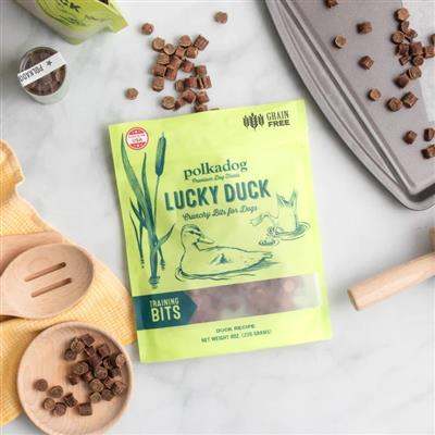 Lucky Duck Training Bits crunchy grain-free dog treats with duck liver and potato flour in 7oz bag