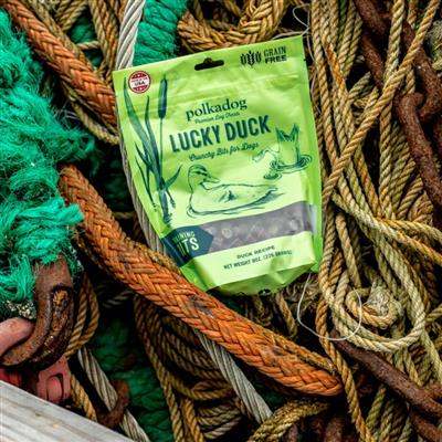 Lucky Duck Training Bits crunchy grain-free dog treats with duck liver and potato flour in 7oz bag