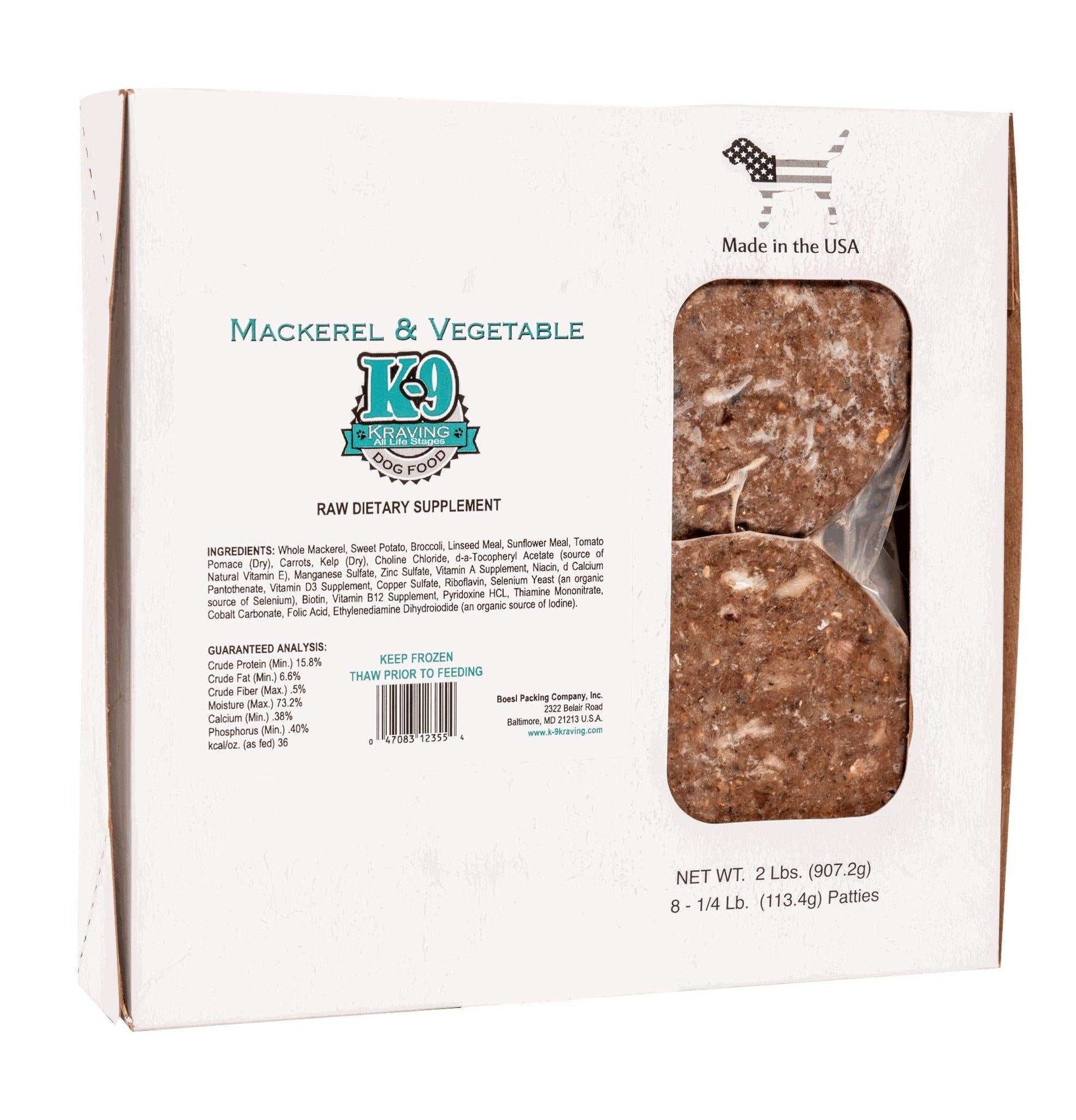 Mackerel and vegetable raw dog food packaging with logo and product information.