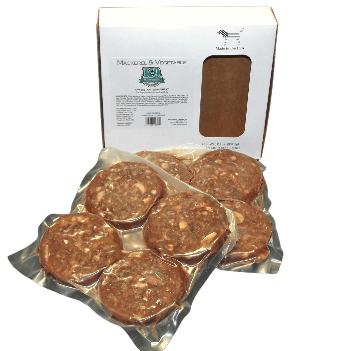 Mackerel and vegetable raw dog food in vacuum-sealed packs, with brown round patties showing visible vegetable pieces.