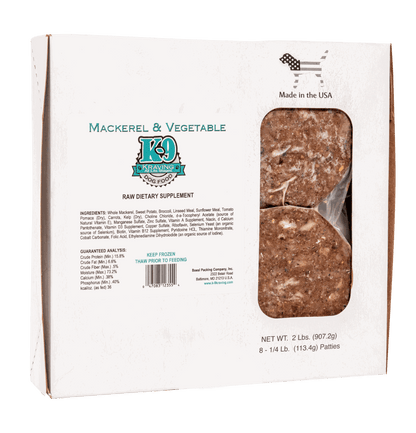 Mackerel and vegetable raw dog food packaging with logo and product information.