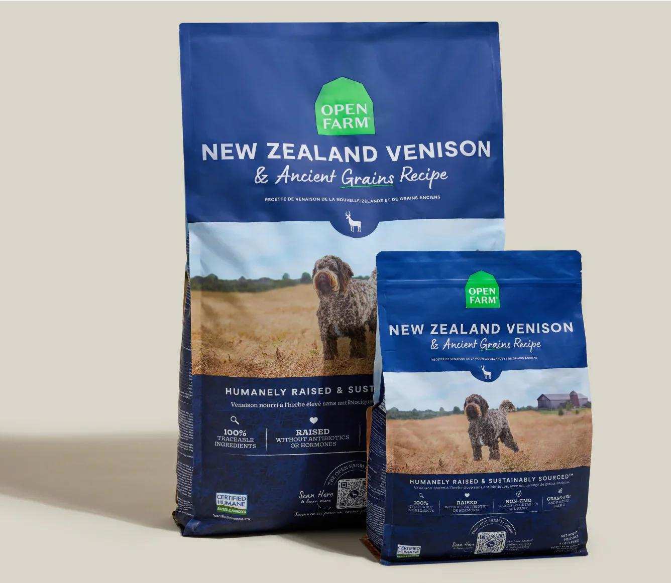 New Zealand Venison & Ancient Grain Recipe dog kibble bags featuring grass-fed venison and ancient grains for sensitive and allergy-prone dogs