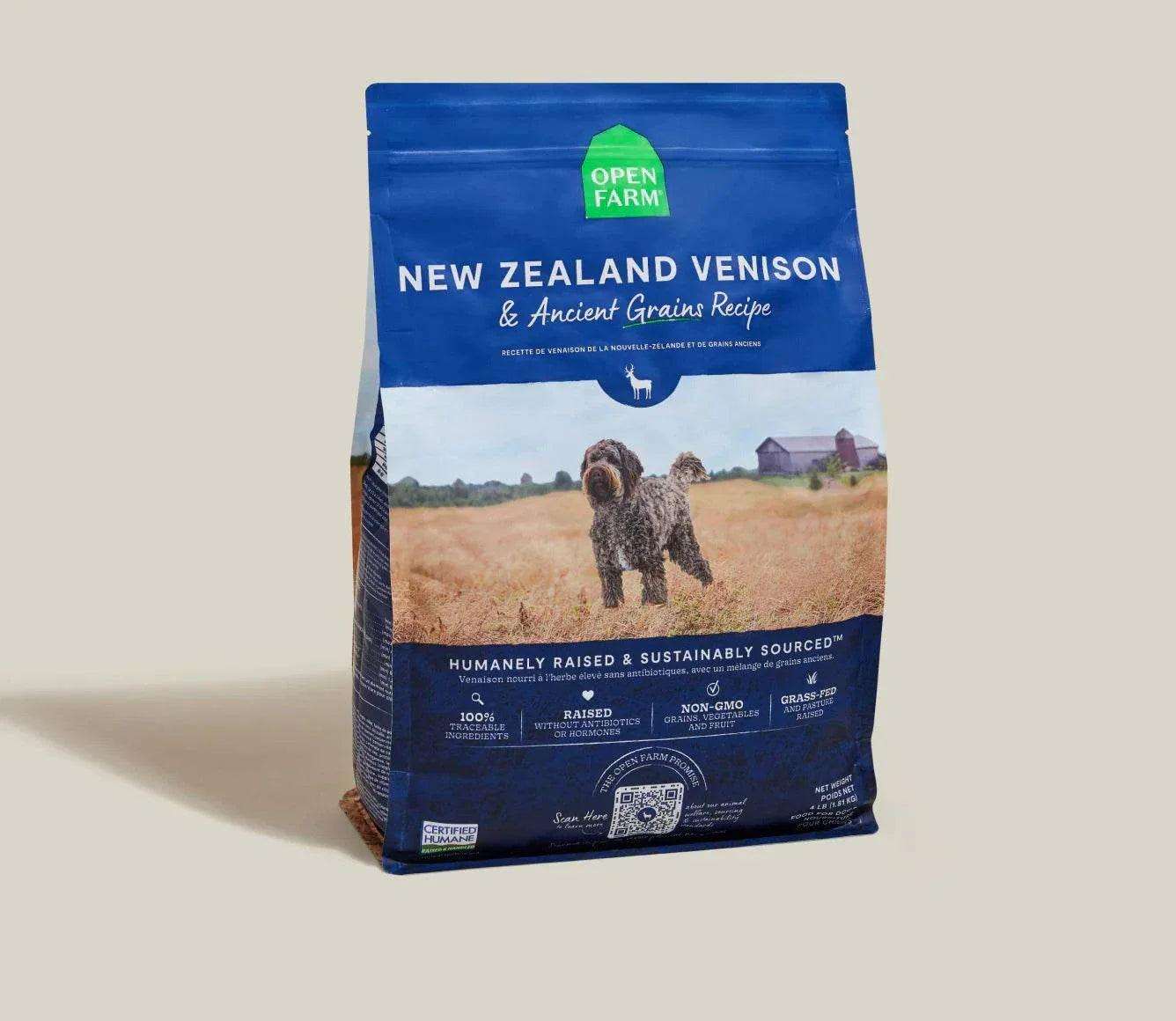 New Zealand Venison and Ancient Grains dog kibble with protein-rich venison and nutrient-dense grains for sensitive dogs