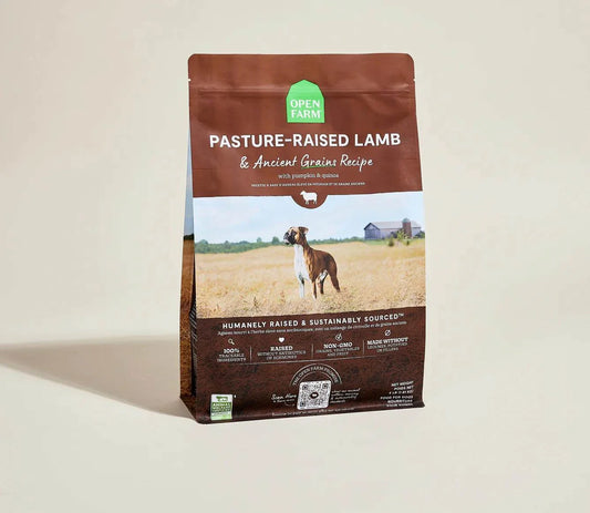 Open Farm Pasture-Raised Lamb and Ancient Grain Recipe dog kibble bag with field and dog image