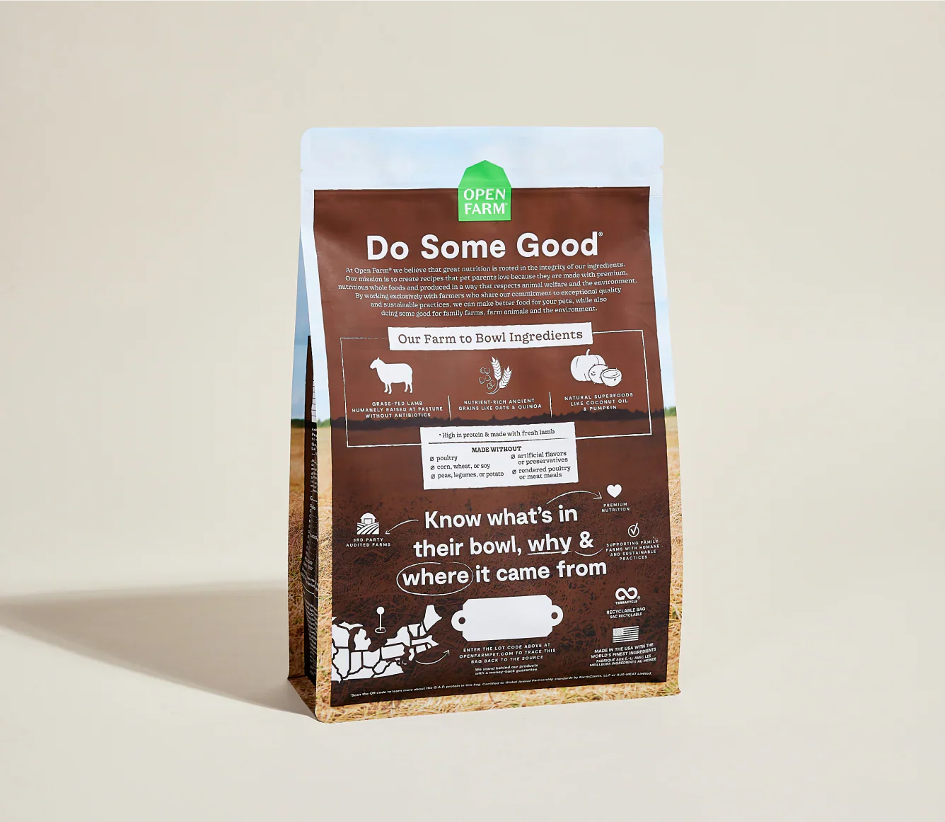 Pasture-raised lamb and ancient grain dog kibble bag with natural ingredients and farm-to-bowl traceability label
