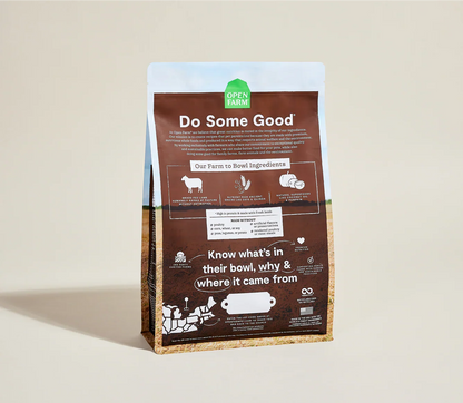 Pasture-raised lamb and ancient grain dog kibble bag with natural ingredients and farm-to-bowl traceability label