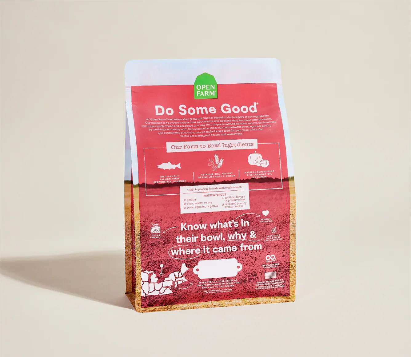 Wild-Caught Salmon & Ancient Grain Recipe dog kibble bag with nutrition and ingredient details on red and white packaging