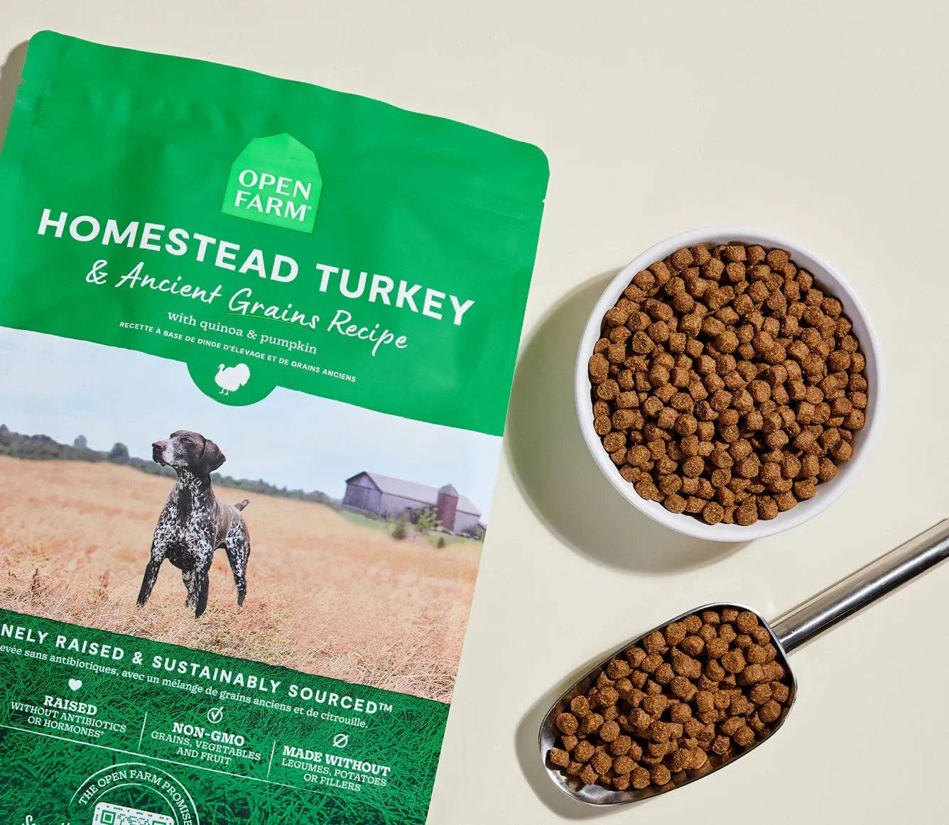 Homestead Turkey & Ancient Grains Recipe dog kibble with quinoa and pumpkin, protein-packed nutrition for sensitive stomachs and all dog life stages