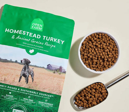 Homestead Turkey & Ancient Grains Recipe dog kibble with quinoa and pumpkin, protein-packed nutrition for sensitive stomachs and all dog life stages