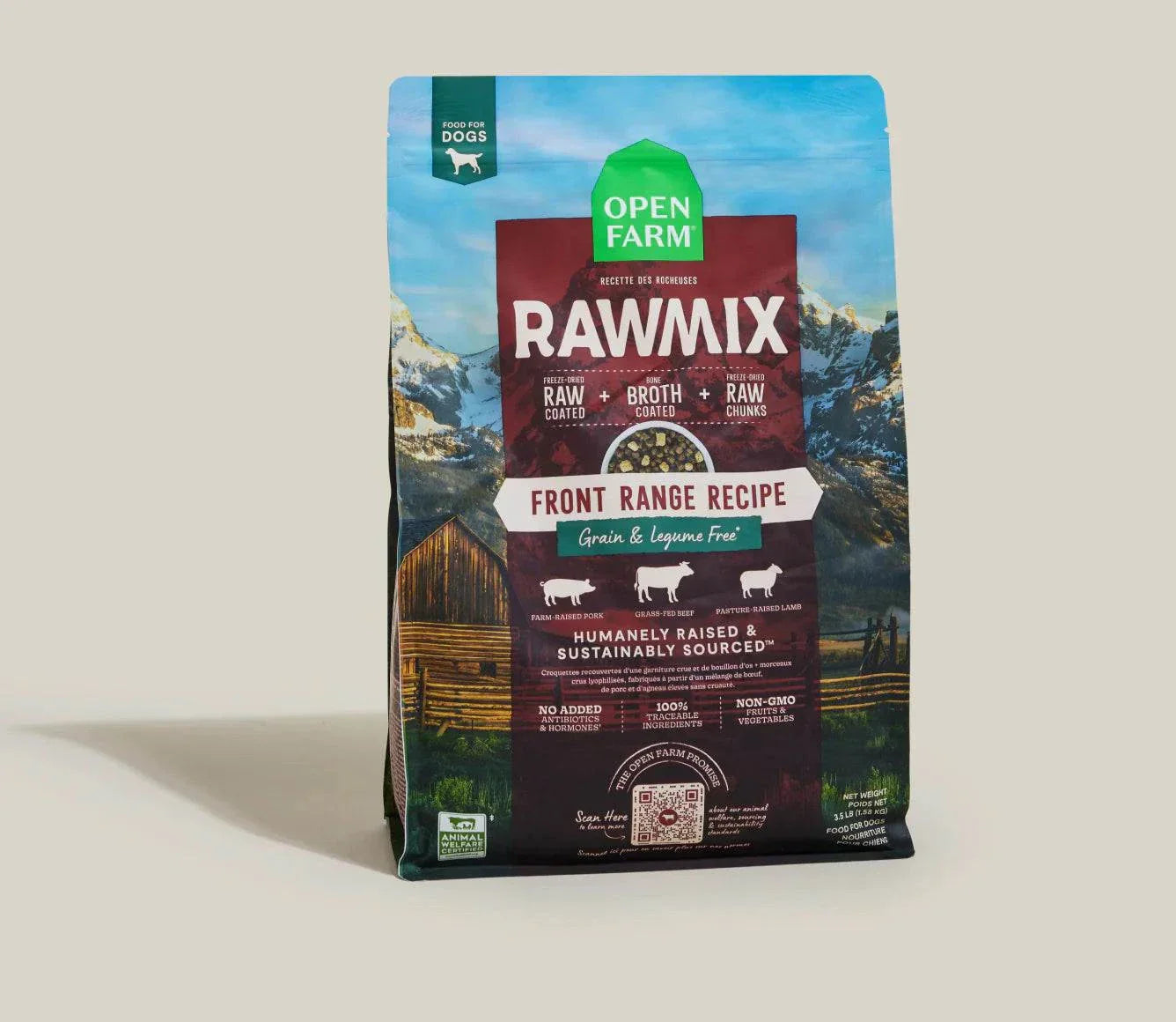 RawMix Front Range grain-free dog kibble with multi-animal protein blend, freeze-dried raw coating, and superfoods for balanced nutrition