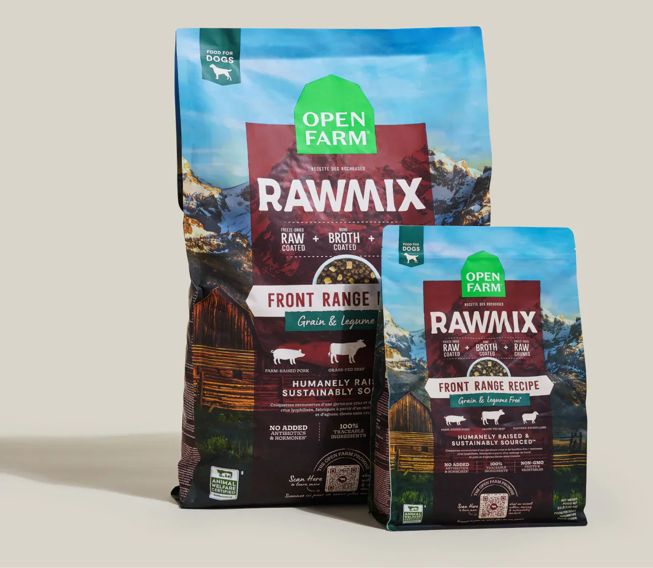 RawMix Front Range grain-free dog kibble with multi-animal protein blend in beef bone broth coating