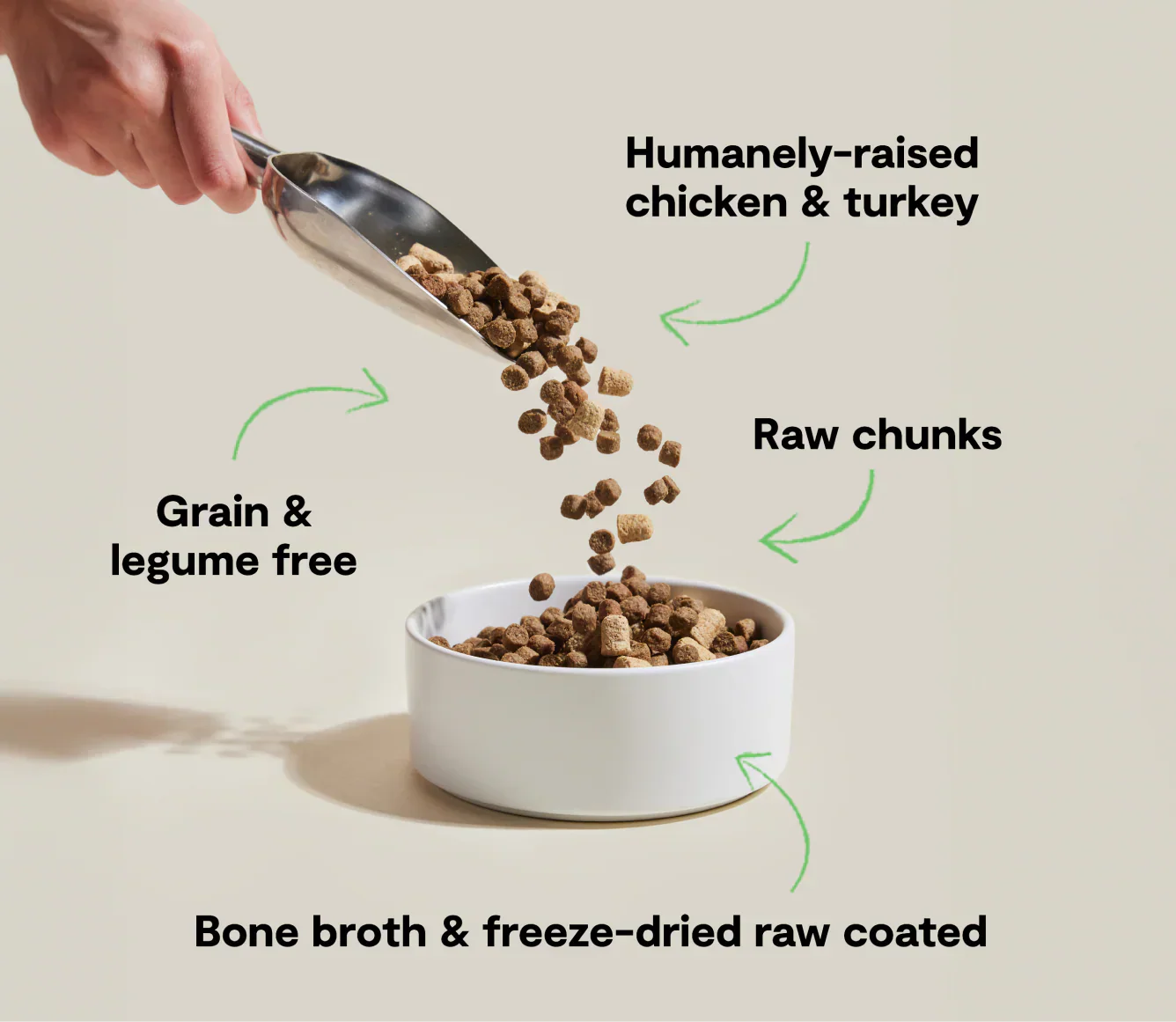 RawMix Open Prairie grain-free dog kibble with humanely-raised chicken, turkey, raw chunks, and bone broth freeze-dried coating
