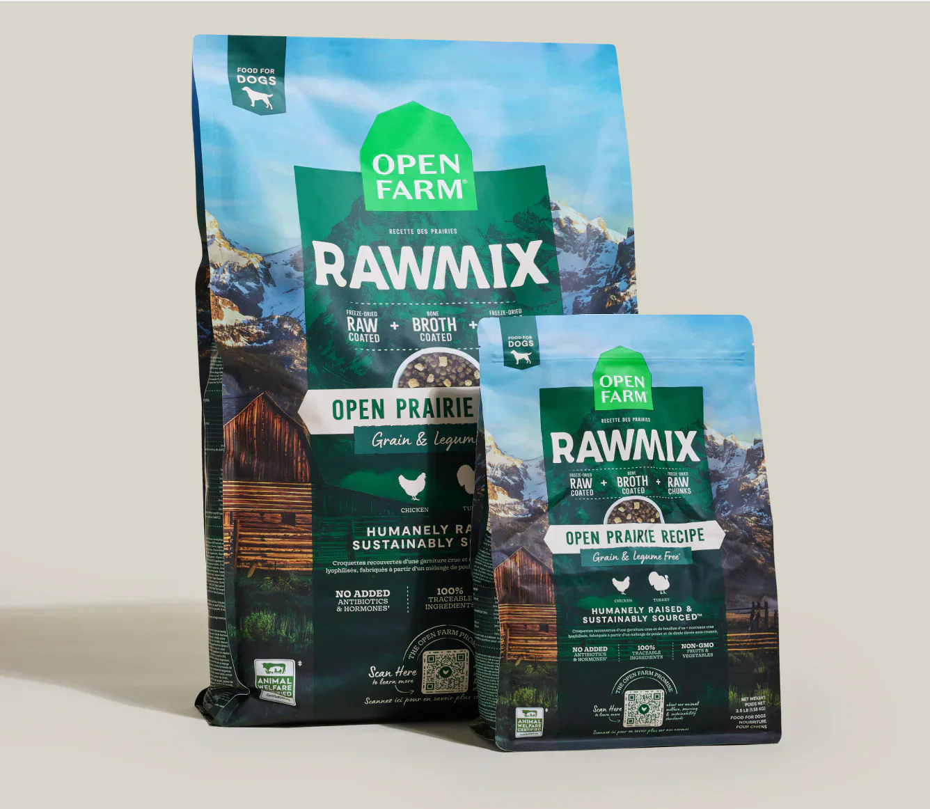 RawMix Open Prairie grain-free dog kibble with multi-animal protein and freeze-dried raw coating in sustainable packaging