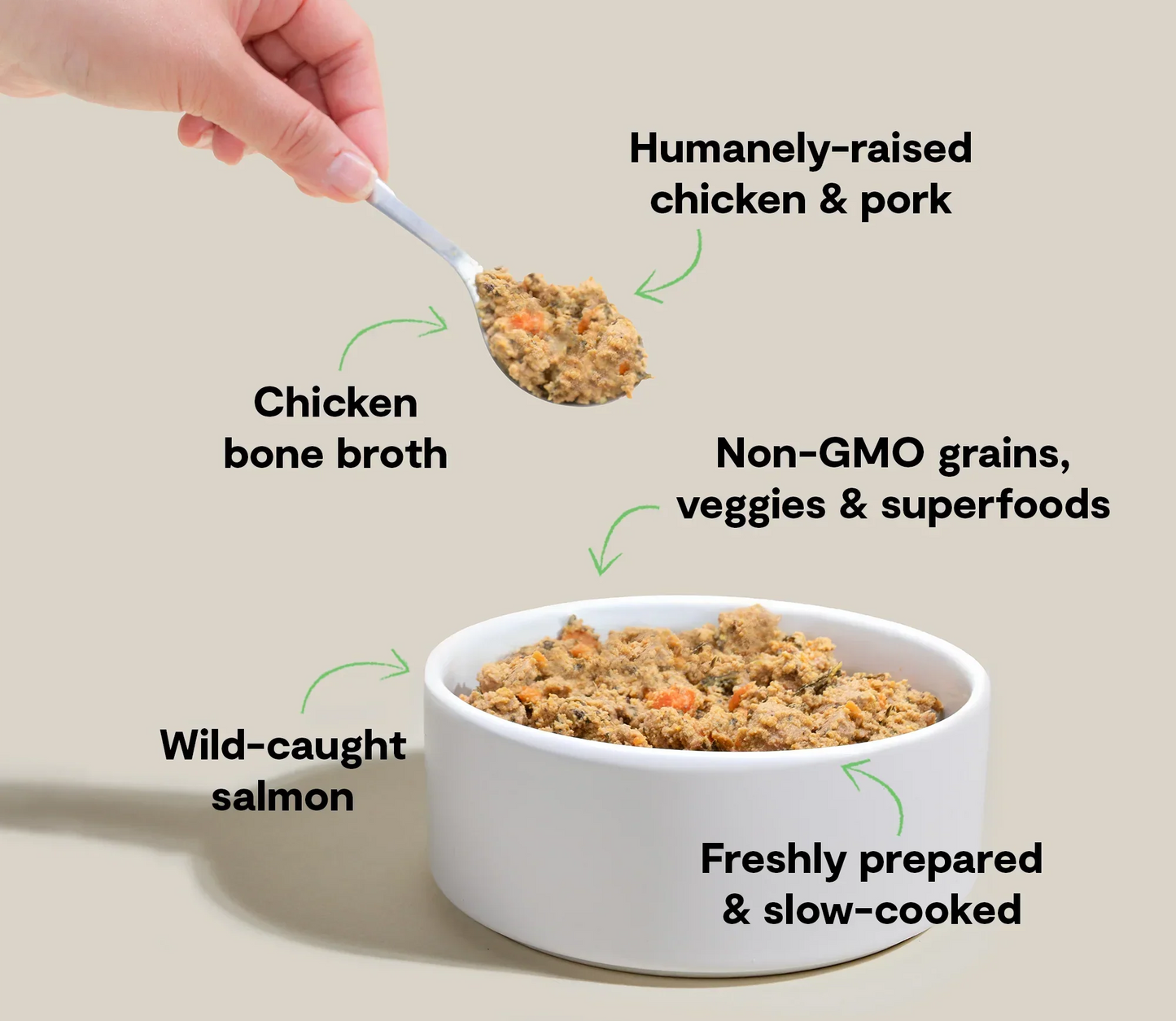 Puppy grain-free dog food with humanely raised chicken, pork, wild-caught salmon, chicken bone broth, and non-GMO veggies, freshly prepared and slow-cooked.