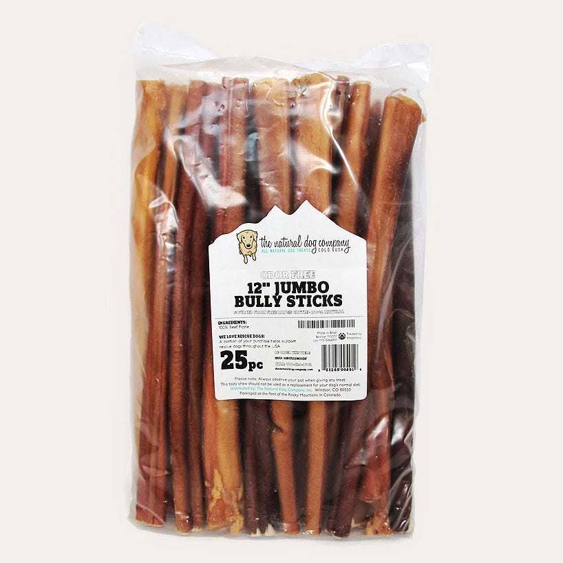 Bag of odor free jumbo bully sticks for dogs, 12-inch long natural bully stick chews, 25 pieces