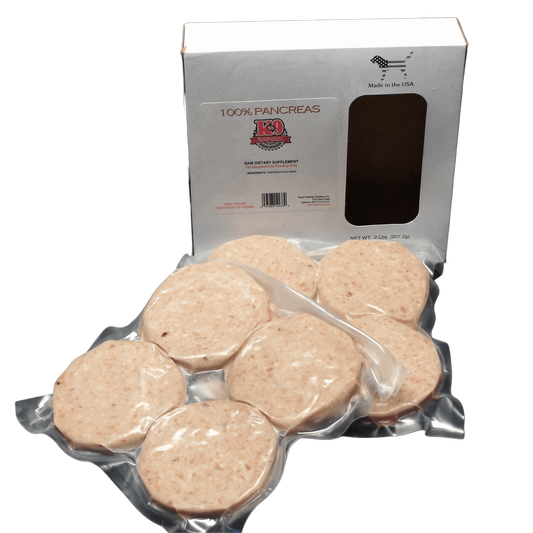K-9 Kraving Ground Pancreas patties in packaging for raw-fed dogs.