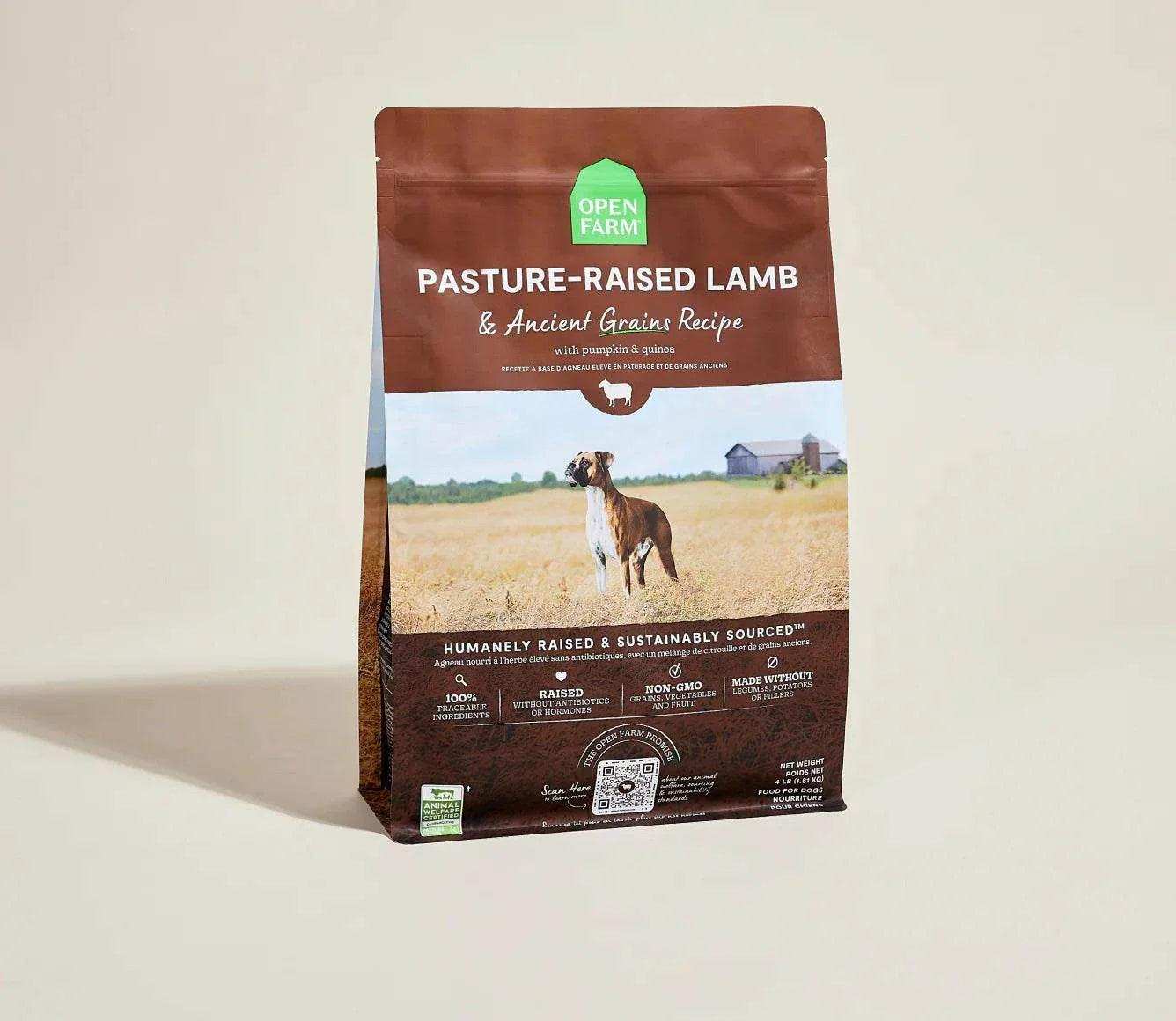 Open Farm Pasture-Raised Lamb and Ancient Grain Recipe dog kibble bag with field and dog image