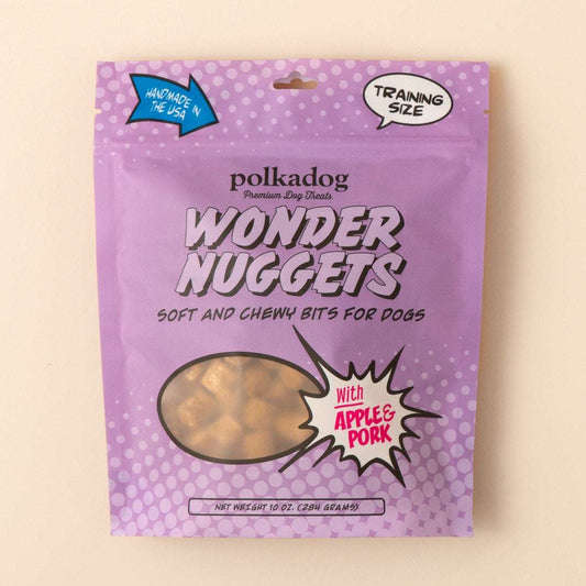 Soft chewy dog treats with pork and apple for training; Wonder Nuggets.