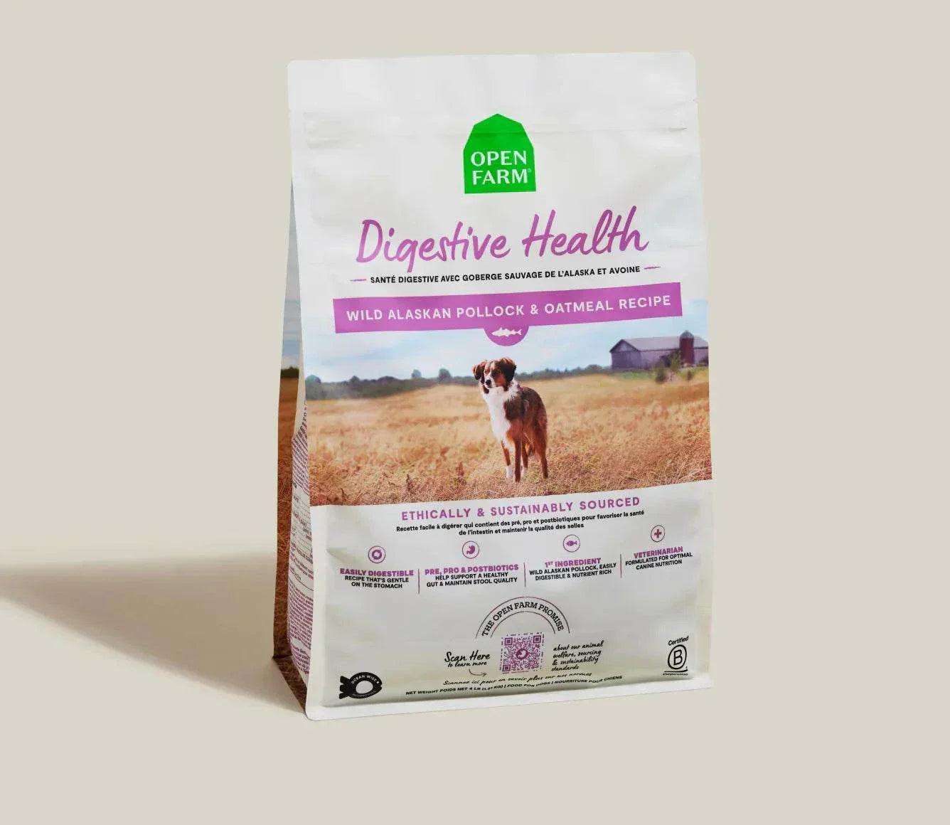 Pollock & Oatmeal Digestive Health Dog Kibble packaging featuring Wild Alaskan pollock.