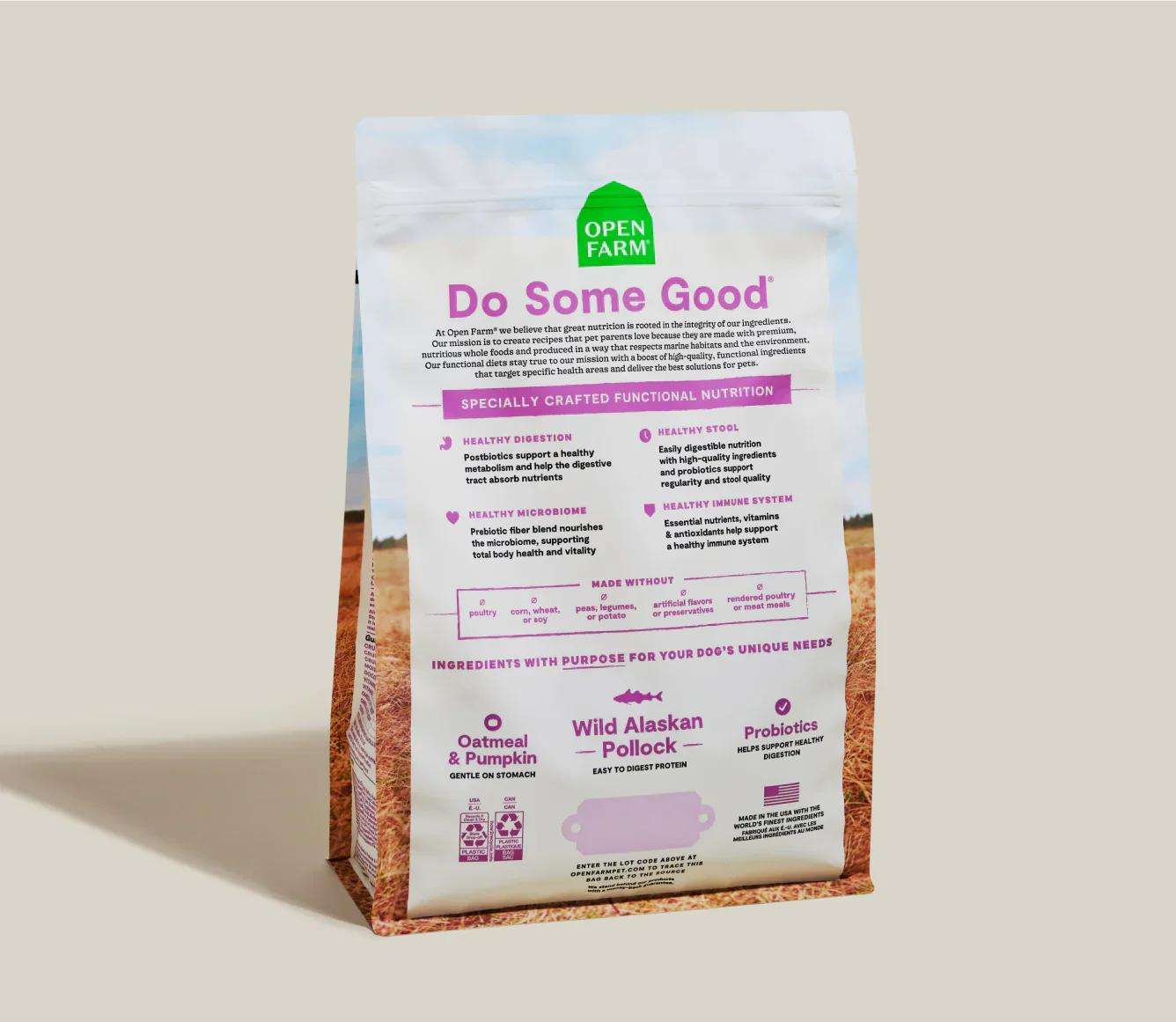 Pollock & Oatmeal Digestive Health dog kibble bag highlighting wild Alaskan pollock, oatmeal, pumpkin, and probiotics for sensitive stomachs and gut support