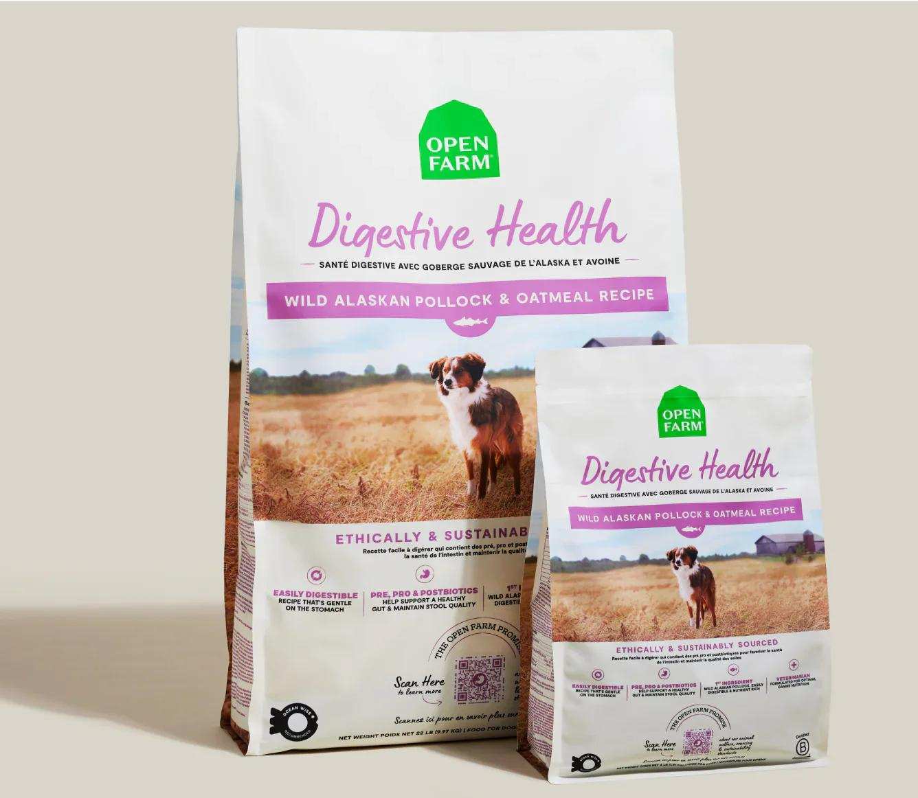 Pollock & Oatmeal Digestive Health dog kibble with wild Alaskan pollock, oatmeal, and prebiotics for sensitive stomachs and digestive support.