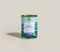 Canned Puppy Chicken & Salmon Pâté with blue and teal label, gold metal lid, and Open Farm branding.
