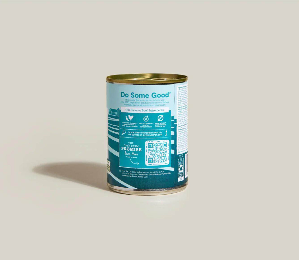 Puppy Chicken & Salmon Pâté in a teal and white metal can with a gold rim and label text.