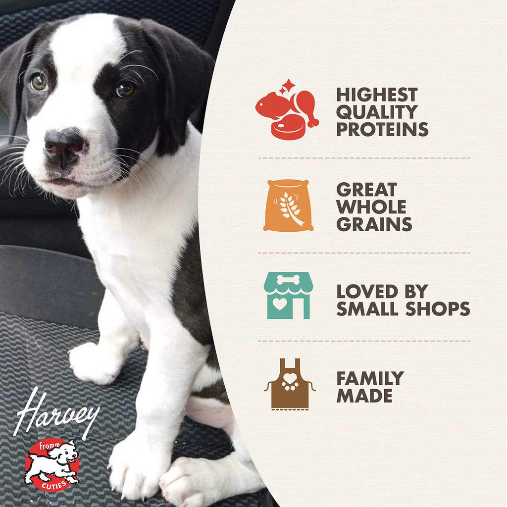 Black and white puppy sitting next to Gold Puppy dog food benefits including highest quality proteins, whole grains, loved by small shops, and family made