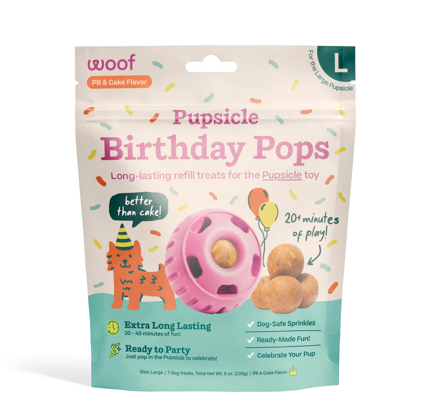 Pupsicle Birthday Pops dog treats with goat milk and dog-safe sprinkles in PB & Cake flavor for large pups