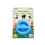 Pupsicle dog enrichment toy in blue natural rubber, round two-piece design with a center seam and raised logo.