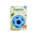 Pupsicle enrichment toy in bright blue rubber, with a round weighted base, central opening and scalloped rim, shown in XL packaging.