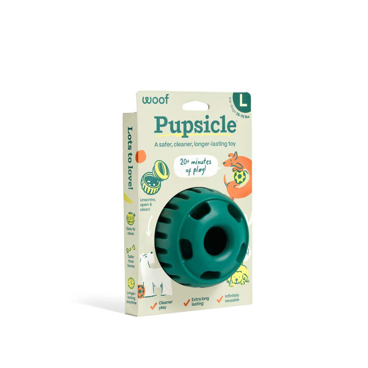 Pupsicle enrichment toy packaging featuring a teal toy designed for dogs; promotes long-lasting, customizable, and nutritious play.