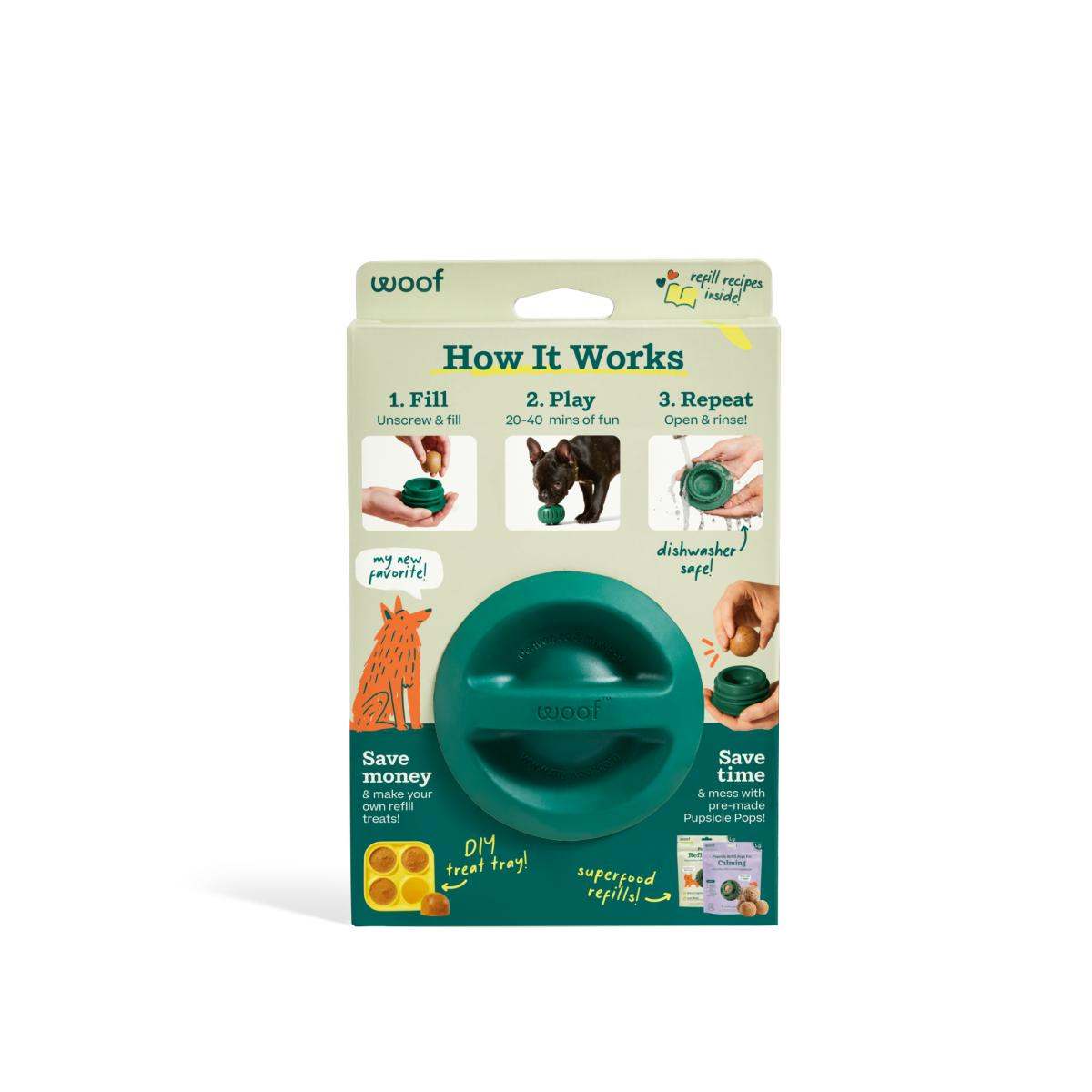 Pupsicle enrichment toy packaging showcasing features and usage.