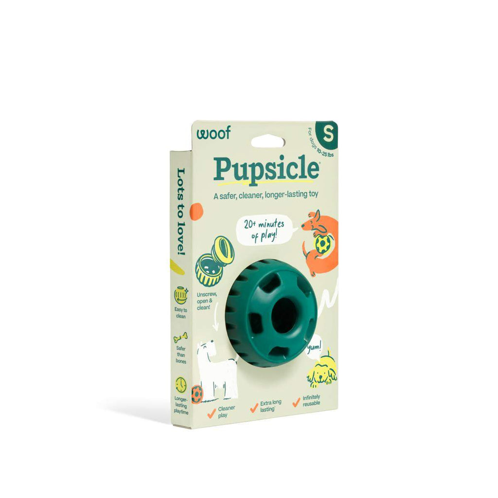 Pupsicle dog enrichment toy, teal rubber ball with top dispensing slots, shown in branded cardboard packaging for size S.