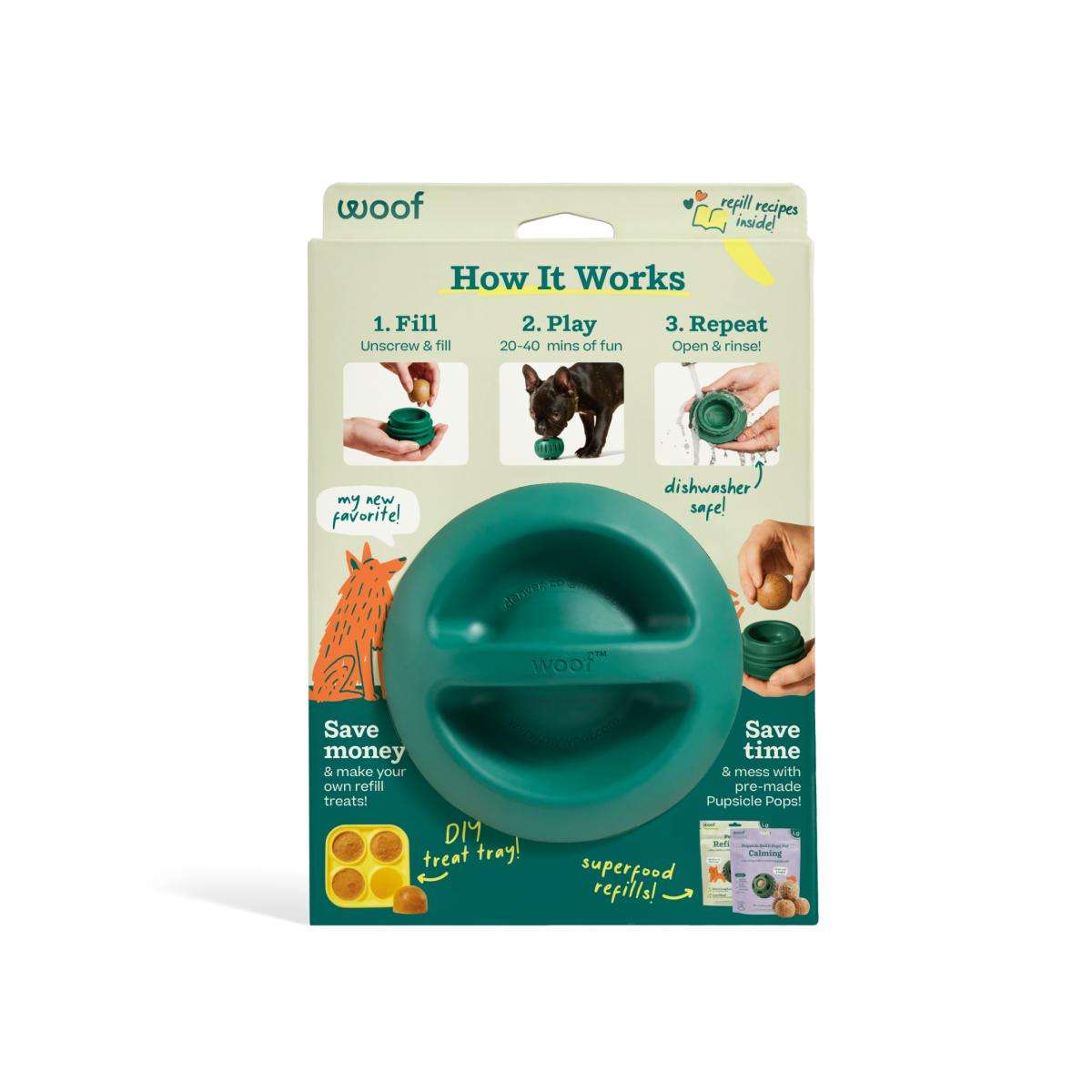 Pupsicle enrichment toy packaging with refill options and usage instructions.