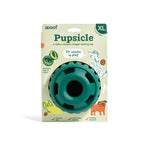 Dog enrichment toy Pupsicle in teal rubber, round design with a central opening and raised black grip sections, in XL packaging.
