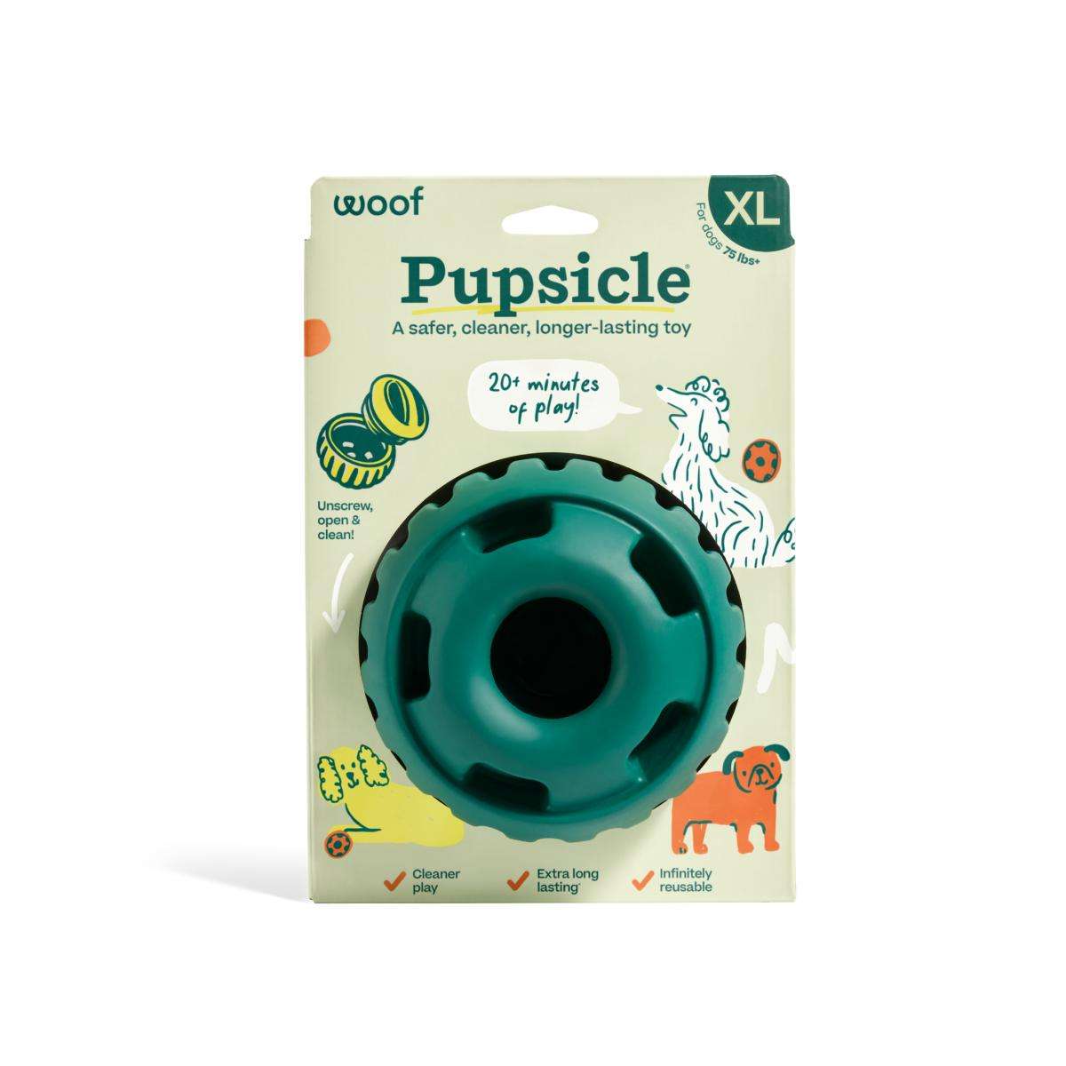 Dog enrichment toy Pupsicle in teal rubber, round design with a central opening and raised black grip sections, in XL packaging.