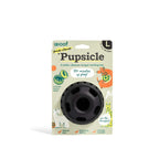 Pupsicle enrichment toy in black natural rubber, featuring a rounded shape with drool-control slots and a weighted base.