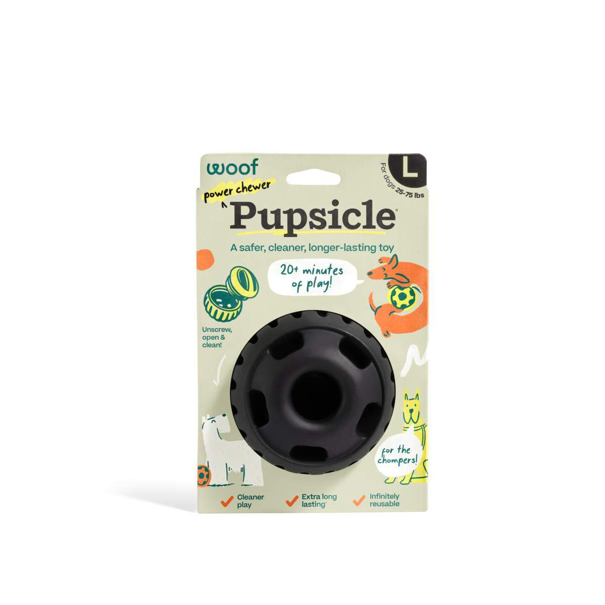 Pupsicle dog enrichment toy packaging, black toy with text highlighting cleaner, longer-lasting play for dogs.